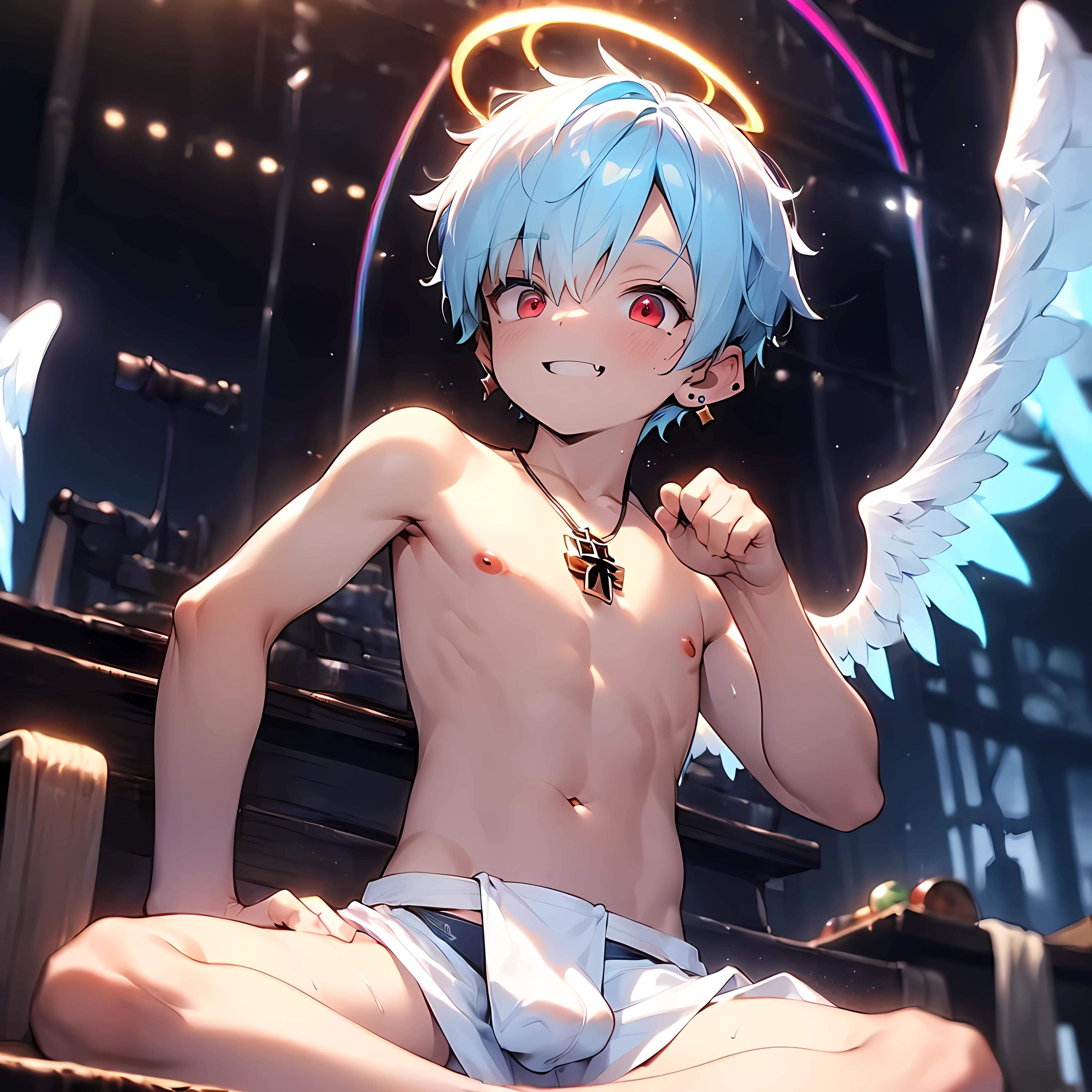 (last judgement:2), (solo:2), (boldline:-1.7), (singing:1.5), (hands front of chest:1.4), (arched back:1.1), (rainbow:1.5), (twin angel wings:1.8), (halo on his head:1.3), (Indian style sitting on cloud:1.5), (musical notes:1.5), (((fang))), (((best finger))), (((best hands))), (((best arms))), (((best legs))), BREAK (best quality:1.5), (absolutely resolution:1.4), (ultra detailed:1.5), (masterpiece:1.5), (perfect face), (detailed face), (detailed eyes), (best eyes), (cute face), (shota:2), BREAK (topless:2), BREAK (white loincloth:1.5), (bulge:1.6), (skinny:1.3), BREAK (light blue hair:1.5), (spiked hair), (wine red eyes:1.4), (eyes with highlight:1.6), ((mole under eye)), (sweaty skin), (singing:1.4), ((earrings)), (smiling), (chuckling:1.5), (shiny skin:1.3), BREAK (top of tokyo tower:1.5), (sky:1.5), (((frontlighting))), ((wind blowing)), (cross necklace), ((nipple)), (abs), (groin), armpit, ((from below)),