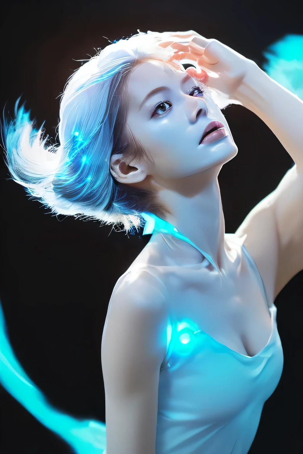 (A woman scoops up a pale, glowing energy body.:1.5), (Baby Face:1.2), (Highest quality:1.4), (Highly detailed and realistic skin:1.4), (Very detailedな顔), (Look up:1.4), Very detailed, (Flat Chest:1.3), (Skinny body type:1.3), (White Camisole Dress:1.4), smile, (Face close-up:1.3), (A pale blue energy body is floating in the air.:1.8), Behind him, countless glowing pale energy bodies of different sizes danced., (Black background:1.8), (Side angle:1.8), Smooth, Very detailed CG synthesis 8k wallpaper, High-resolution RAW color photos, Professional photography, Light, BackLight, dream-like, impressive, Written boundary depth