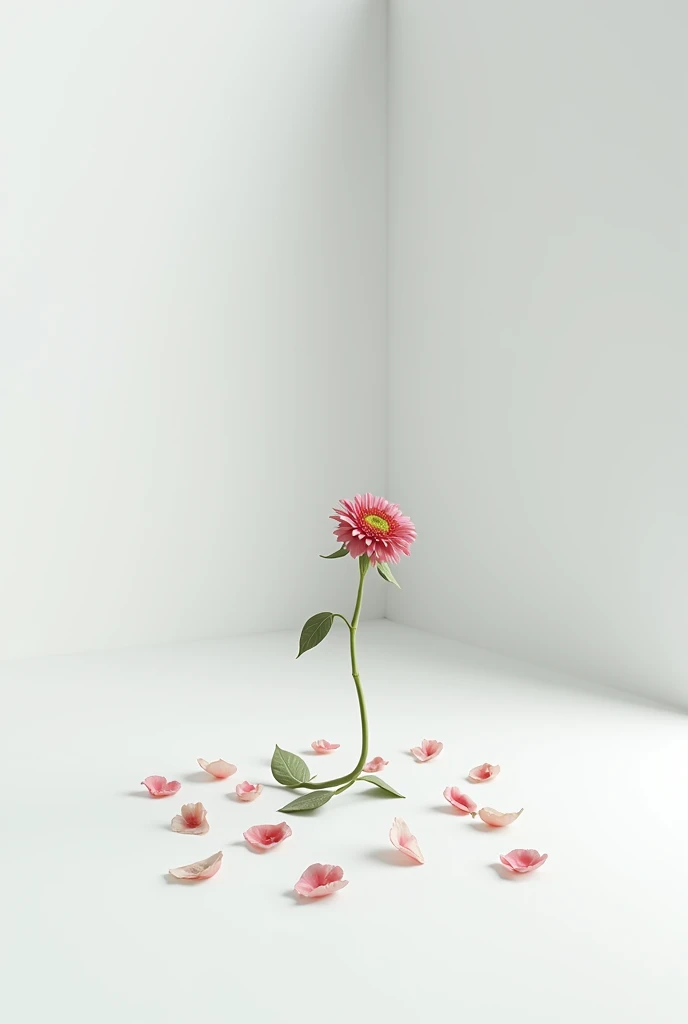 a wilting flower dropping petals to the floor in a white room 