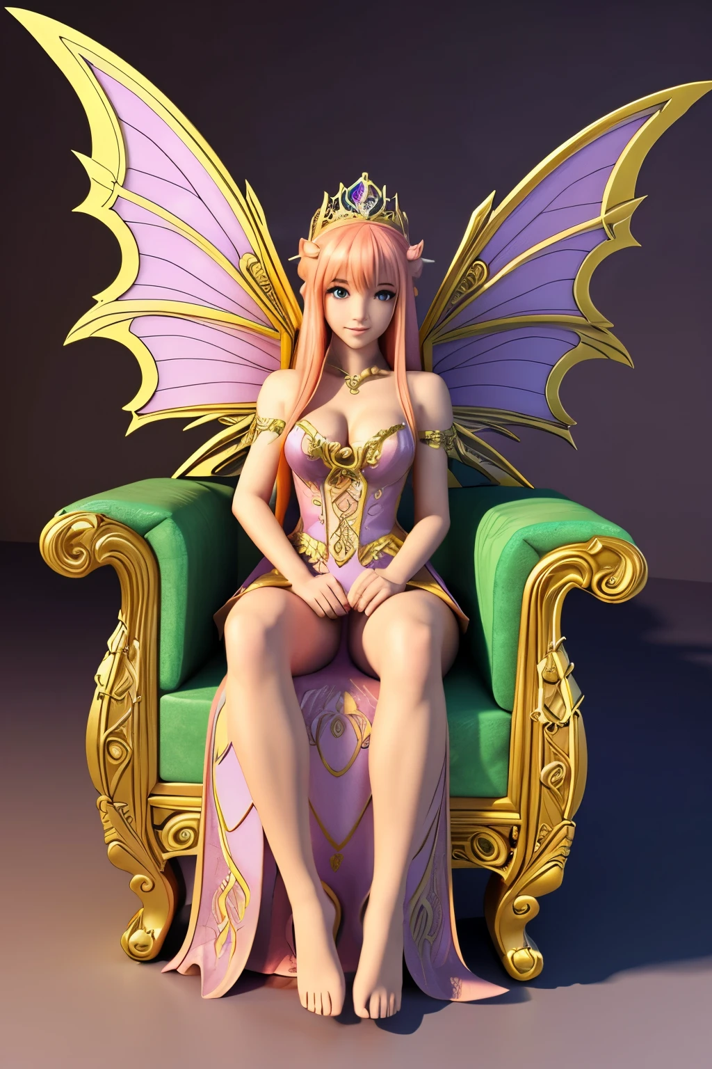 A beautiful fairy female setting on a throne with her huge dragon laying behind her and her throne, line art, anime character cartoon, 3d style, high-quality, coloring book, hand-drawn, line art