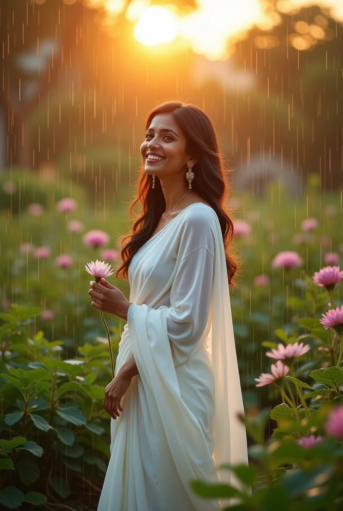 A Indian lady stand in a garden and smile face , white saree ,rainfall and she has a flower front side photo evening time and ledy see sun