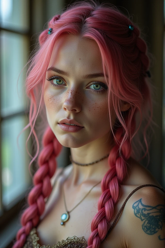 (Real:1.2), Analogue photography style, Beautiful young woman, Pause, She has freckles、Long pink braided hair, (Steampunk Dark Fantasy Atmosphere), Soft natural light, Cute and sexy, Great quality, masterpiece, Detailed strange background, Better performance, 16K quality, RAW Photos