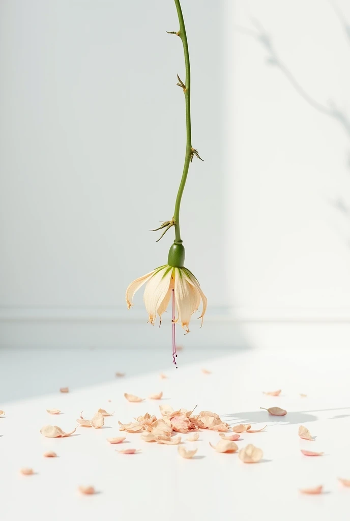 a wilting flower dropping petals to the floor in a white room
