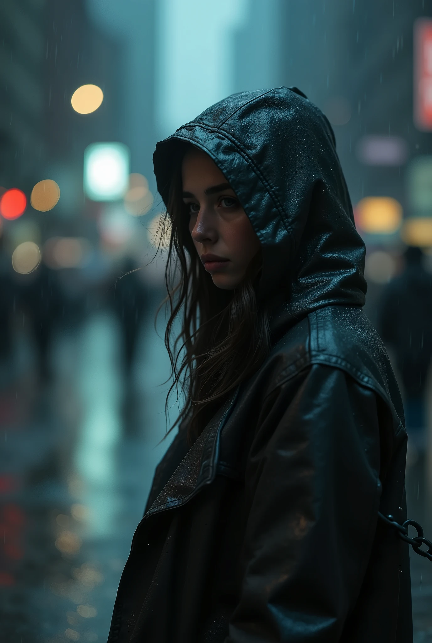 A girl with a hood alone in the rain, real photo, pouring rain, loneliness, best quality, ultra-detailed, realistic, portrait, dark tone, misty atmosphere, wet streets, hooded raincoat, melancholy expression, invisible umbrella, lights sparkling, Urban environment, high resolution, vivid colors, Bokeh, night scene, NYC cityscape、Broken chain、((motion-blur:1.5, Broken Chain in foreground:1.5)), blurred foreground, (focus on eyes:1.3)