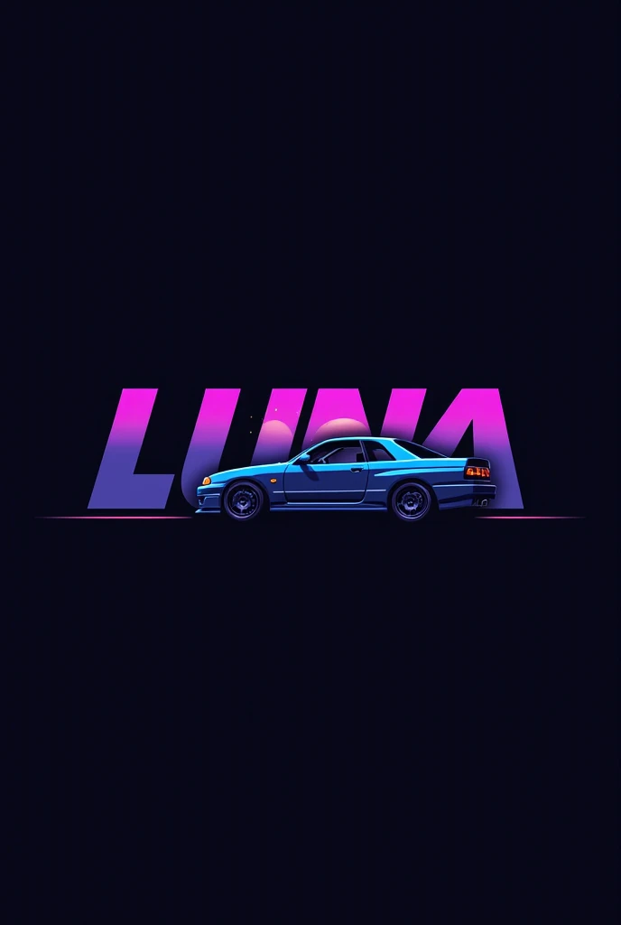 High resolution, Logo for Jdm cars, logo spelling “Luna” cool, Jdm theme, anime theme, Bayside blue Nissan Skyline R34, modern name spelling, moon, simplicity design,