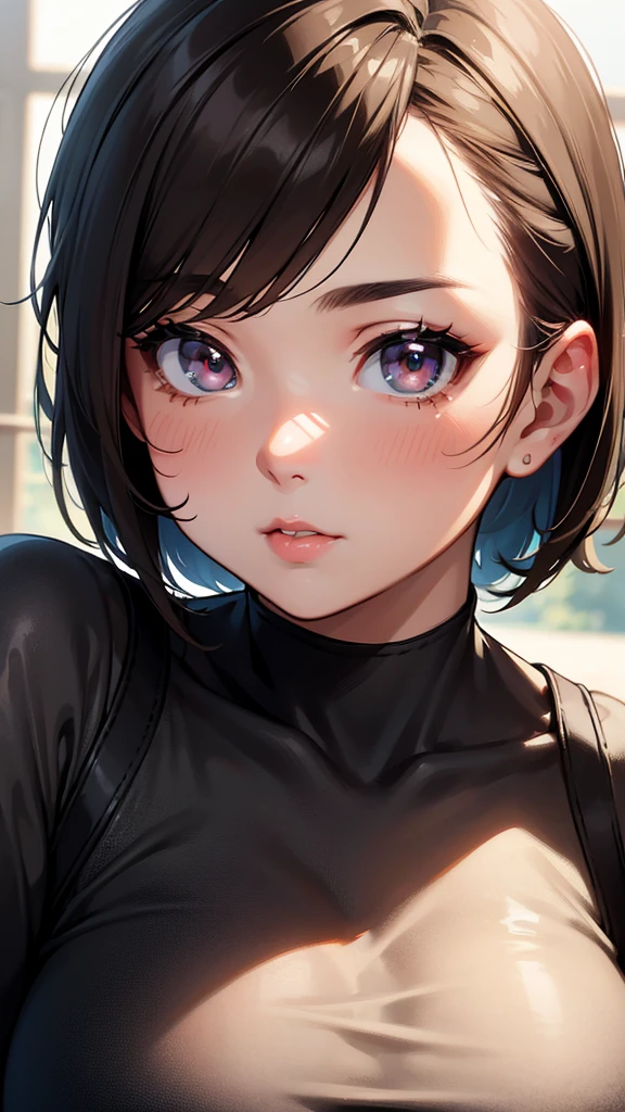 A young girl with tan skin, white eyes, short messy brown hair, wearing a black sports suit, cute, friendly, , somewhat chubby, 1 girl, detailed face, beautiful detailed eyes, beautiful detailed lips, extremely detailed eyes and face, long eyelashes, soft lighting, photorealistic, 8k, hyper-realistic, masterpiece, vibrant colors, natural lighting, warm color palette, soft focus, highly detailed