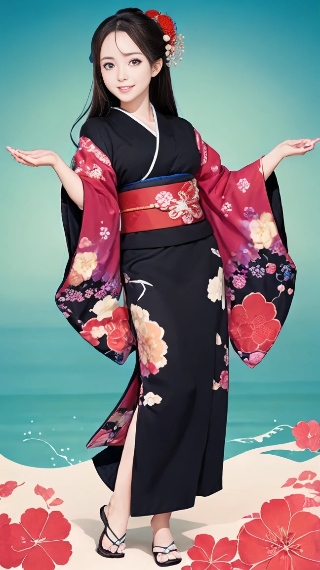 (SeaArt creates stunning illustrations of beautiful women in kimono)、Vividly colored Japanese Ukiyo-e style illustrations、A beautiful woman smiles and shows her upper white teeth、Brown-black long hair、Beautiful full body style、If you want to dance, let's dance, Tokyo Ondo, Yoi Yoi、Beautiful new digital paintings,、Bright vibrant digital anime art、 Beautiful anime portraits、background,Torii gate front of Japanese shrine、 Detailed digital anime art