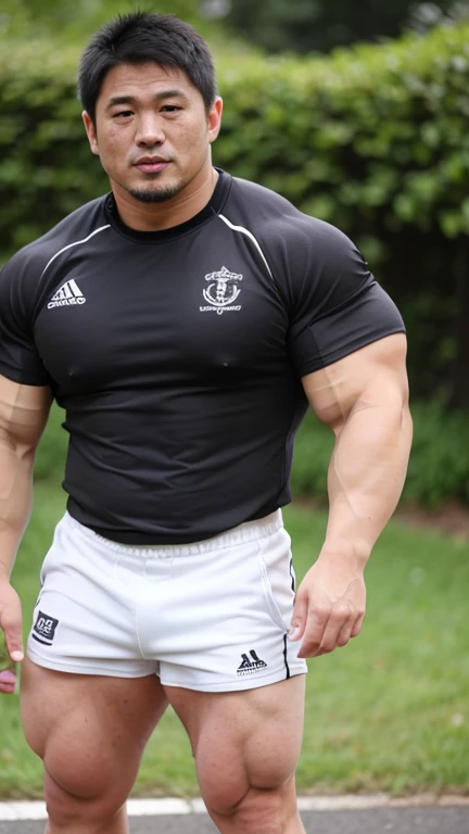 A middle-aged Japanese rugby player、Groundに立っている。Lager shirt。White shorts。bulge。White shortsの股間は大きく盛り上がっている。Masculine face。Kind Face。Handsome face。Big body。Big muscles。thick limbs。Ground。bulge。White shorts。Photorealistic。