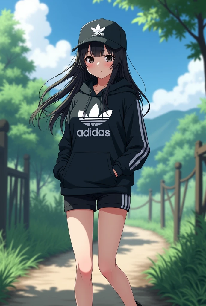 beautiful anime girl, long black hair, black eyes,wear black adidas striped slippers white and black, barefoot, wear black adidas cap, wear black adidas hood, wear black adidas short hot pants, background is countryside, with pervert old man