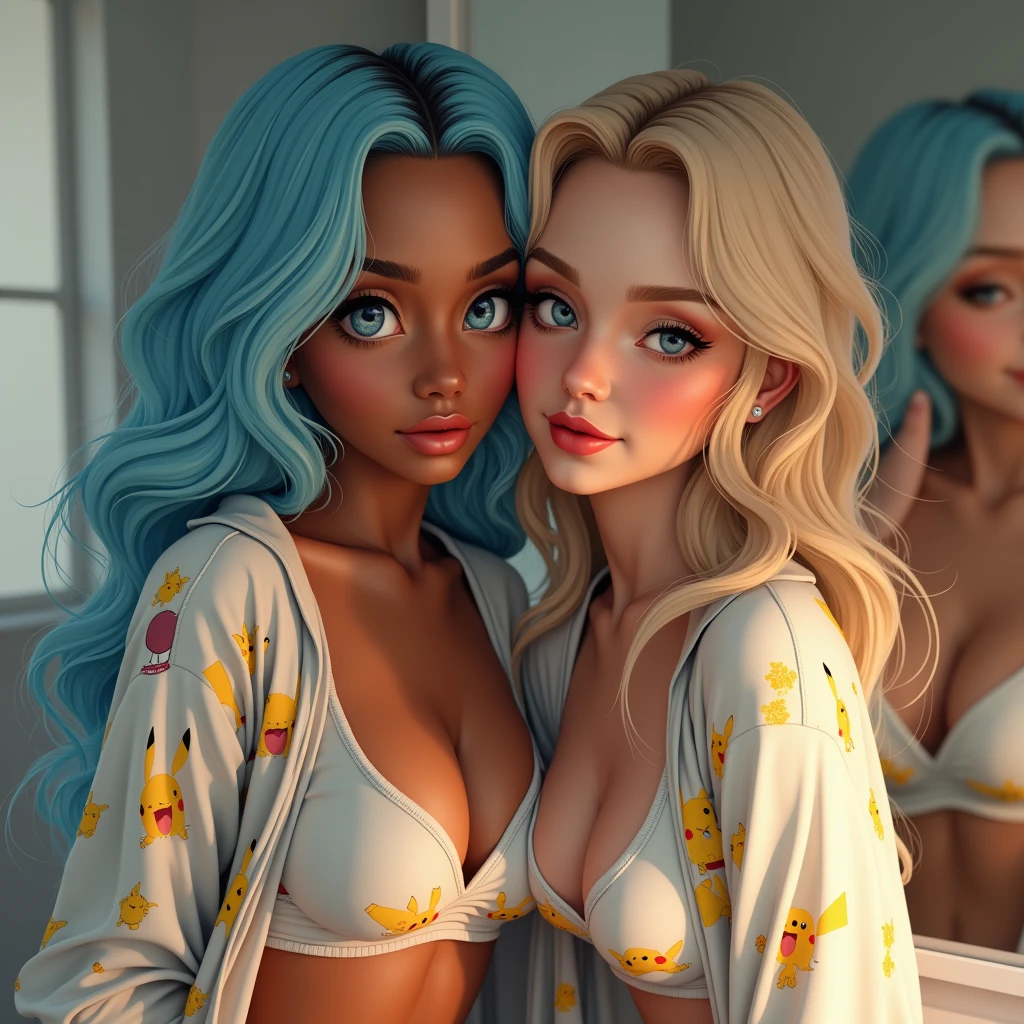 1 beautiful biracial latina woman light blue hair, light blue eyes with big large breasts next to 1 beautiful white woman blond hair, both wear pokemon pajama, hold phone in front of mirror