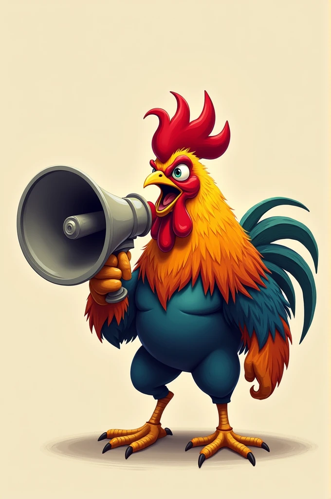 Realistic cartoon fighting cock holding a megaphone and shouting out loud