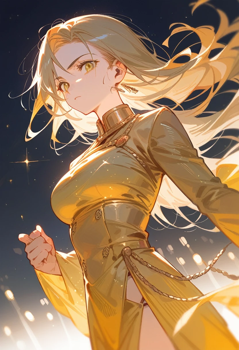 girl, Flowing blond hair, Yellow eyes, Golden Imperial Clothes, Neckline, Japanese cartoons, Clear sky in the background，Flashing lights, Dynamic Angle, Arrogant laughter