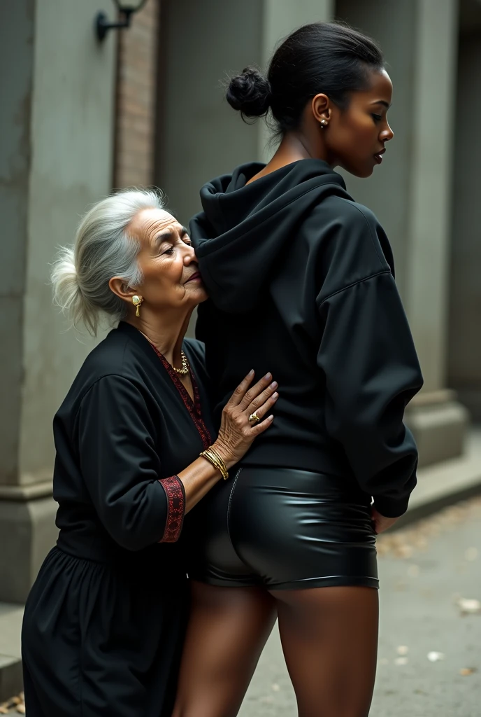 black woman hair in a bun black hoodie black leather short shorts a old grandma in a dress on her knees kissing her ass behind her squeezing her butt