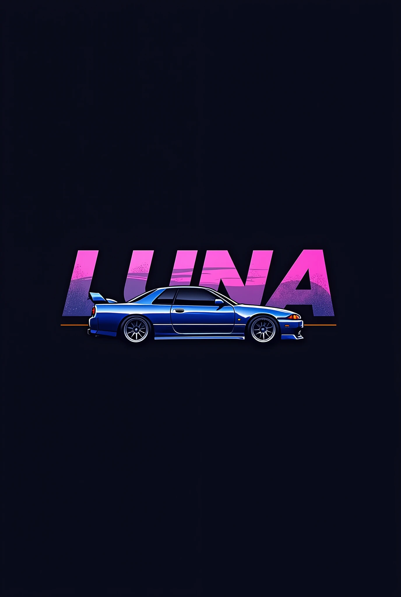 High resolution, Logo for Jdm cars, logo spelling “Luna” cool, Jdm theme, anime theme, Bayside blue Nissan Skyline R34, modern name spelling, moon, simplicity design, 