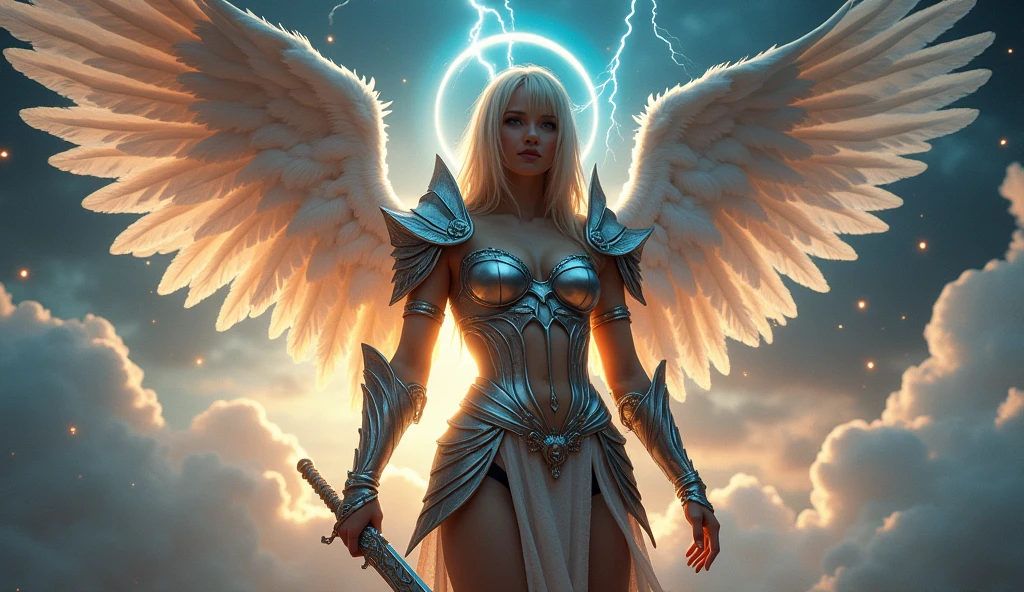 In this masterpiece, a stunning (sexy angelic warrior) stands in the center of the frame, radiating an aura of mystique and beauty. The ultra-detailed 4K image presents her in front of the great (gates of heaven) amidst (pearlescent white clouds), surrounded by a magnificent starry sky. Volumetric lighting casts a warm glow on her porcelain skin, accentuating the intricate details of her (sexy celestial armor). Her straight blonde hair is gorgeous, framing her charming smile and captivating cleavage. The mesmerizing atmosphere is punctuated by (red thunderstorms and lightning) in the (surreal Dark sky), as if the heavens themselves are summoning her presence. The composition masterfully balances depth and complexity, drawing the viewer's eye to the perfect body, with its impeccable anatomy and tantalizing pose. (Charming smile), (Beautiful big tits), (Blue halo above the head), (Sexy silver armor:1.3), She has (2 big wings:1.5) on her upper back. (2 big white wings:1.3). (2 big symmetrical wings:1.3). (Photorealistic), (dark theme). (Russian girl), (silver pike). (Beautiful navel:1.3). (Great sword of light:1.3)