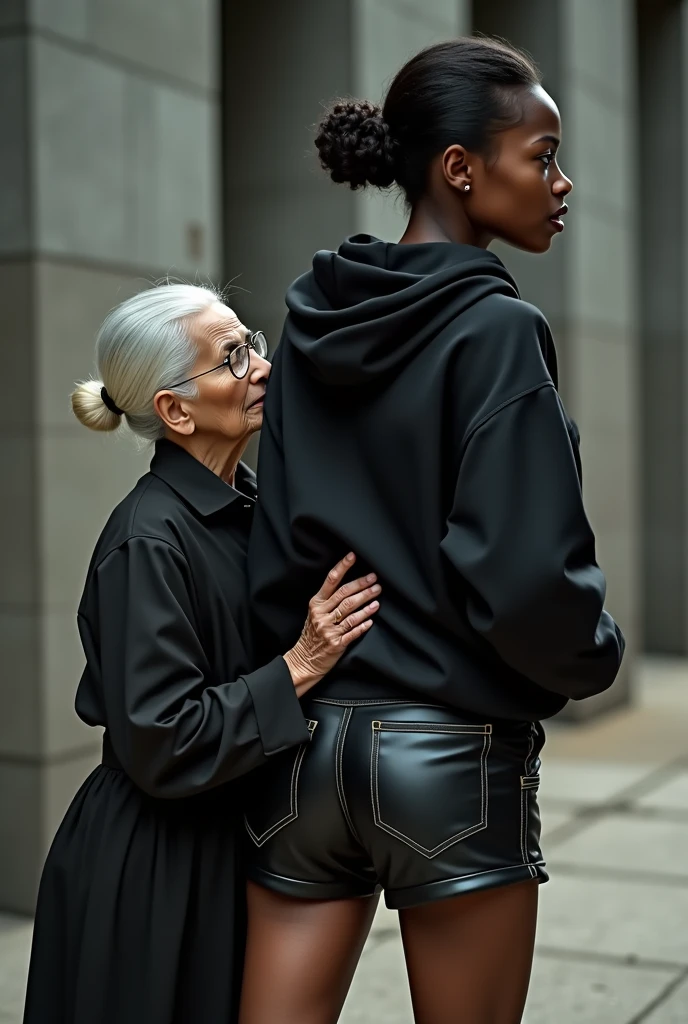 black woman hair in a bun black hoodie black leather short shorts a old grandma in a dress on her knees kissing her ass behind her squeezing her butt