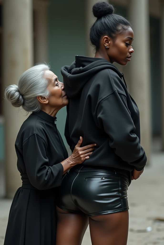 black woman hair in a bun black hoodie black leather short shorts a old grandma in a dress on her knees kissing her ass behind her squeezing her butt