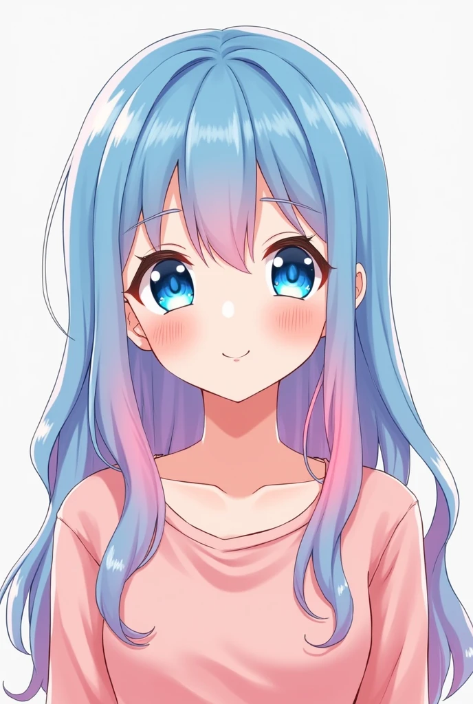 Anime girl cute image with blue eyes and light blue and pink hair , like in straight front of me .
Her head straight and happy face