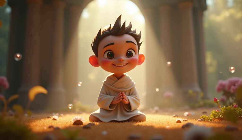 Create cinematic 3D cartoon style The saint smiled and said, "Understanding your worries is the solution. When you know that they are not permanent, they naturally become lighter."