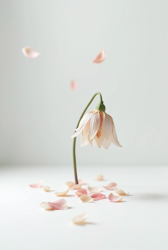 a wilting flower dropping petals to the floor in a white room 