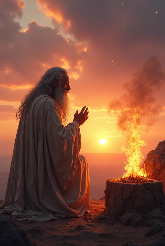 A man named Job. Cao Cao, long silver beard, on my knees before the burning altar worshiping God. in the background a sunset