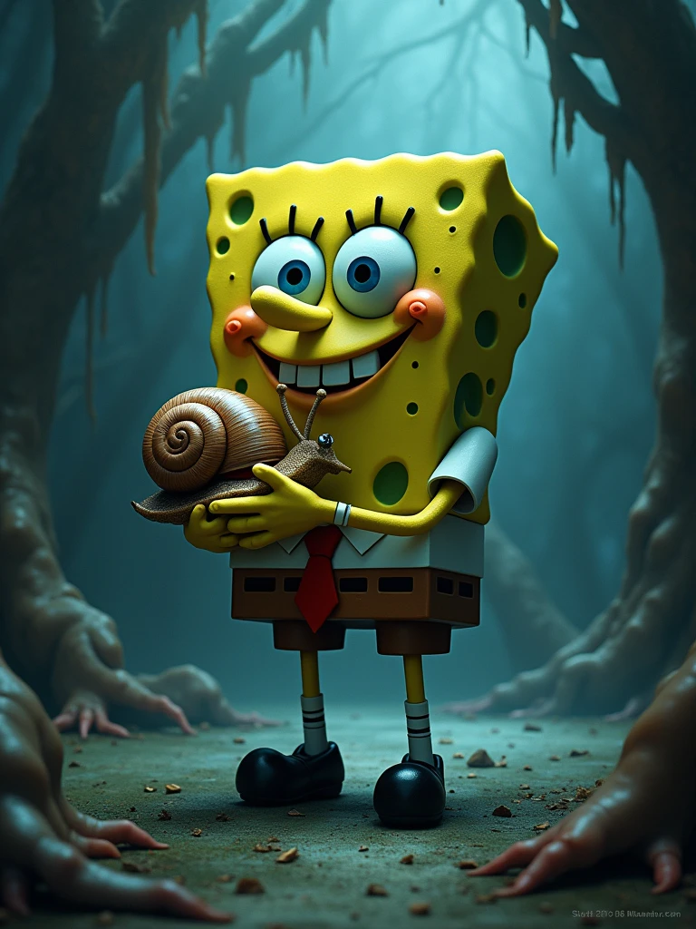 ((SpongeBob SquarePants:)1.2)standing while holding onto Gary his pet snail, spiritual eerie creepy picture, surreal dark fantasy, dark surreal art, surreal dark art, dramatic artwork, grim, horror surreal art, gothic fantasy art, dark fantasy horror art, hyper-psychedelic blending elements of fantasy and horror, ((more detail, enhnaced-poster))