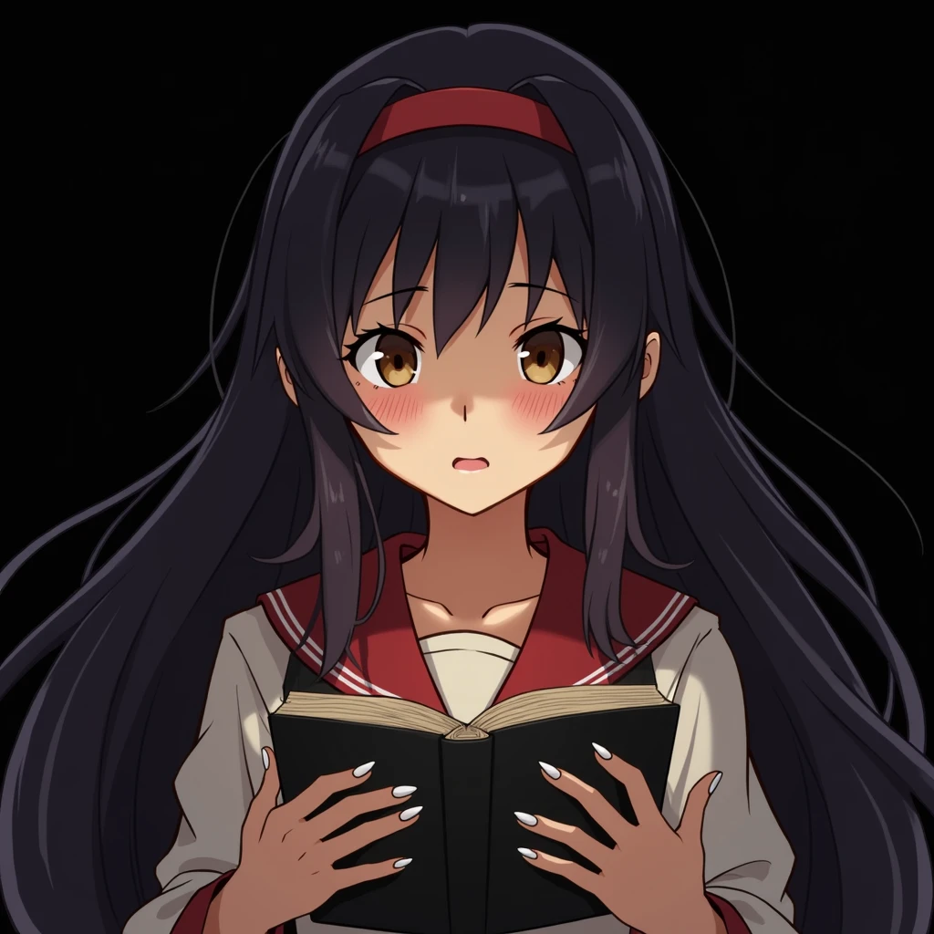 A female student with long, dark purple hair that reaches the middle of her back. She wears a red headband and has brown eyes. Her outfit consists of a white shirt and a black-colored skirt that reaches her knees. She is passionate about reading and determined, holding a book in her hands. Behind her, something is watching her from the shadows.