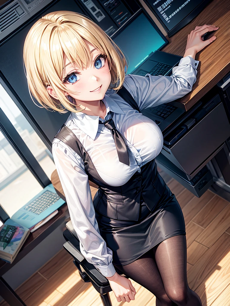 Anime style, super fine illustration, highly detailed, beautiful detailed, super high quality image, static representation, gentle expression, happy expression, the pretty image, the handsam portrait, a perfect style woman, 8k, pretty 1girl with blonde straight short hair & blue eyes & a bright smile & full bust & soft fair skin is a female secretary not to show her skin wearing the business shirt & vest & black tight skirt & black pantyhose in the big urban office, desk, PC, chair, happy stories, solo, perfect fingers, perfect arms, perfect legs, masterpiece.