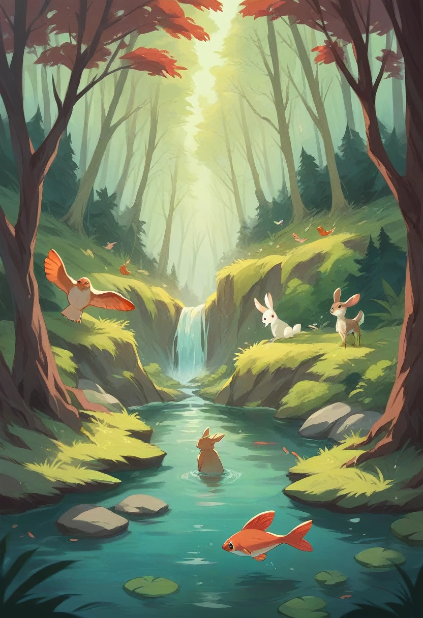 There was a beautiful forest full of green trees.  A river flowed through the forest.  There were many fish friends in this river.  They are very friendly with all big and small animals like squirrels, birds, rabbits and deer in the forest.