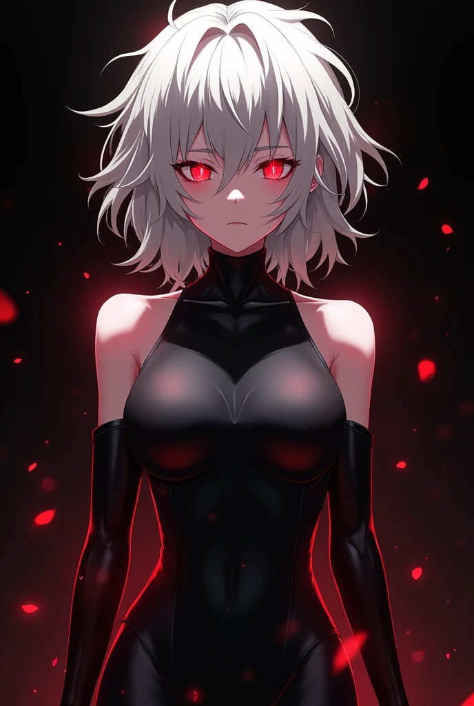 1girl, anime style, white hair, wild hair, red eyes, (white eyelashes:1.2), emotionless, red glow halo, (chromatic aberration:1.2), solo, digital dissolve, black bodysuit, 20 years old, mature, arrogant expression, black background, look at viewer
