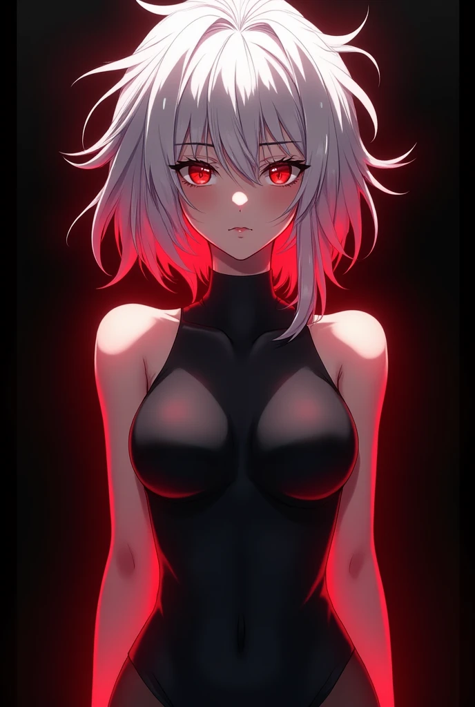 1girl, anime style, white hair, wild hair, red eyes, (white eyelashes:1.2), emotionless, red glow halo, (chromatic aberration:1.2), solo, digital dissolve, black bodysuit, 20 years old, mature, arrogant expression, black background, look at viewer