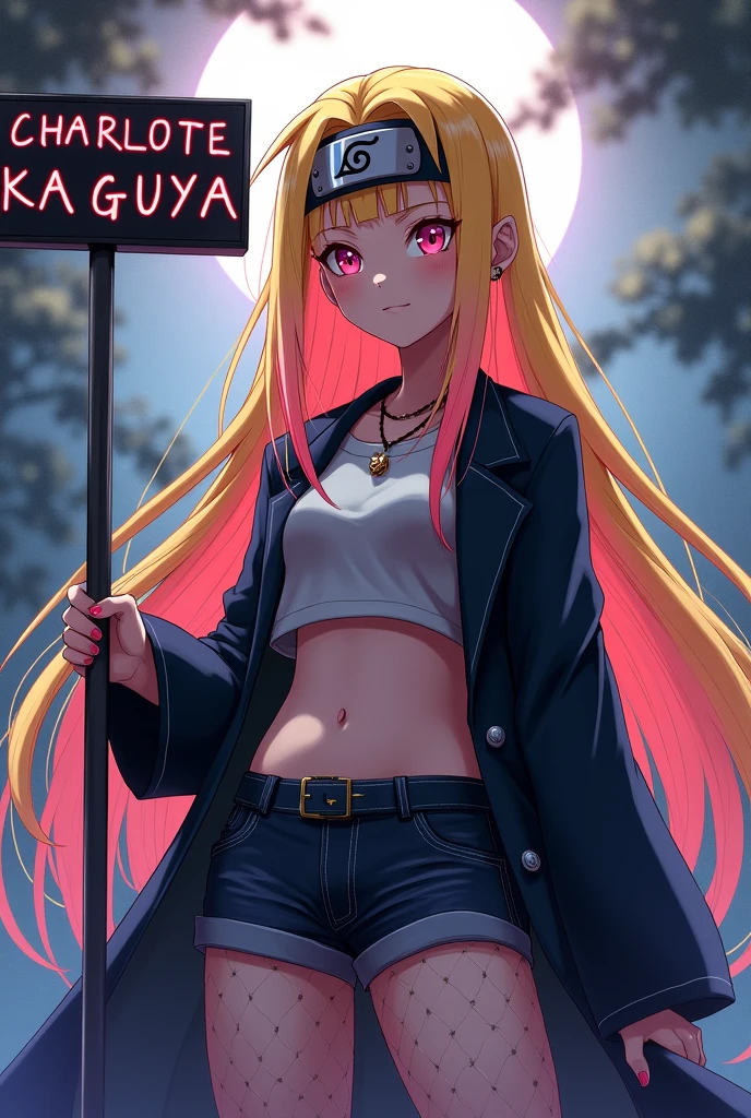 Long yellow pink gradation bottoms-haired girl, wearing a konoha headband and sharingan eyes of the Uchiha clan. Wearing a crop top blazer and shorts and wearing a black seba coat, white and fair-faced and holding a sign that says “Charlote kaguya' , wearing fishnet stockings 