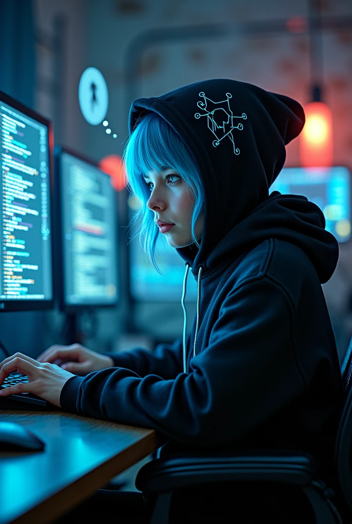 Inside BYTECORP's hacker lair, a dark room is illuminated only by the glow of multiple computer screens. A young woman named Luna, in her mid-20s, is sitting at a high-tech desk. She has short, electric blue hair and is wearing a black hoodie with glowing circuit patterns. The screens around her display streams of code. Luna looks focused and determined as she types away, her face lit by the eerie glow of the monitors. A thought bubble above her reads, “The security in this city is like swiss cheese. Time to poke some holes.”