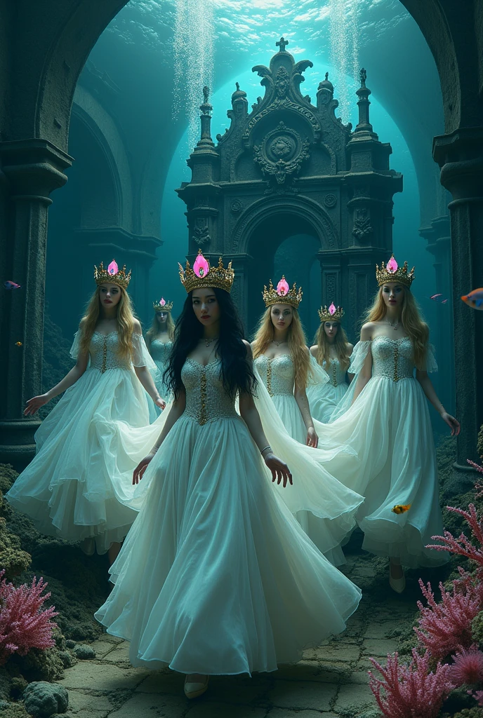 A full-body shot of a (extra wide angle 1:1) portrait, ((2 Super realistic gorgeous vampire queens goddesses)) twin sisters, wearing their golden crowns with big pink crystals 1:1, and their 3 girlfriends gorgeous blondes and brunettes with perfect extra beautiful (((detailed realistic face))), in a dark deep sea (medieval ballroom very old realistic) in an old gothic palace, under the sea. ((Super-big ballroom.)) gliding neutrally buoyant in the sea. Sinking down at the bottom. Ripped dresses. frayed apart dresses. The queens have a big light-colored very finely detailed eyes, black super-long long hair. Their Exquisite girlfriend queen have an extra long hair, crown also big bright blue finely detailed eyes.Their wearing black dresses. Pale pink, white, black with gold and diamond dresses. Dresses in many layered lace and chiffon riven apart and wet ( perfect hands, five fingers on each hand.) Small breasts cleavage, (hyper realistic perfect eyes 1:3). Face with Pale perfect detailed skin. Hyper detailed skin on body. Queens surrounded by Perished under-water gothic palace 1:1 On the bottom of the sea are golden crowns 1:1, adorned with pink crystals 1:1. Bright colored blue, pink, orange, green fishes swimming around. Pink Corals. Sea moss. Octopus. Treasure chest with gold coins and jewelry in it. The scene a beautiful empresses swimming ghostly, their super long 1:1 hair flowing all around. Sad. Scared(Best Quality Detailed faces)1:1. A medieval fairytale vibe, with a big black intricate throne in a corner at the bottom with sea moss on it. In a fantastic scene that uses 3D Surreal 3D model. Big gold gothic medieval five armed on the seafloor, surrounded by crystal wine glasses—one tipped over and broken. The entire setup is masterpiece 1:3 framed with the grandeur of medieval gothic style. photographed in a Canon EOS R5, 50mm Lens, F/2.8, (8K)"