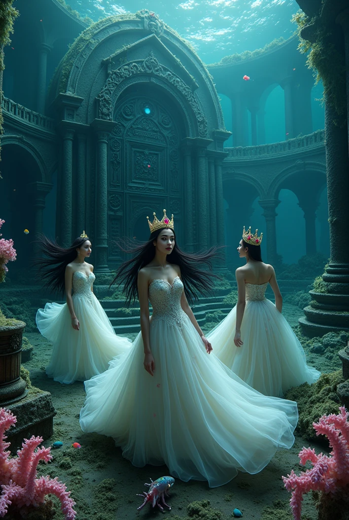 A full-body shot of a (extra wide angle 1:1) portrait, ((2 Super realistic gorgeous vampire queens goddesses)) twin sisters, wearing their golden crowns with big pink crystals 1:1, and their 3 girlfriends gorgeous blondes and brunettes with perfect extra beautiful (((detailed realistic face))), in a dark deep sea (medieval ballroom very old realistic) in an old gothic palace, under the sea. ((Super-big ballroom.)) gliding neutrally buoyant in the sea. Sinking down at the bottom. Ripped dresses. frayed apart dresses. The queens have a big light-colored very finely detailed eyes, black super-long long hair. Their Exquisite girlfriend queen have an extra long hair, crown also big bright blue finely detailed eyes.Their wearing black dresses. Pale pink, white, black with gold and diamond dresses. Dresses in many layered lace and chiffon riven apart and wet ( perfect hands, five fingers on each hand.) Small breasts cleavage, (hyper realistic perfect eyes 1:3). Face with Pale perfect detailed skin. Hyper detailed skin on body. Queens surrounded by Perished under-water gothic palace 1:1 On the bottom of the sea are golden crowns 1:1, adorned with pink crystals 1:1. Bright colored blue, pink, orange, green fishes swimming around. Pink Corals. Sea moss. Octopus. Treasure chest with gold coins and jewelry in it. The scene a beautiful empresses swimming ghostly, their super long 1:1 hair flowing all around. Sad. Scared(Best Quality Detailed faces)1:1. A medieval fairytale vibe, with a big black intricate throne in a corner at the bottom with sea moss on it. In a fantastic scene that uses 3D Surreal 3D model. Big gold gothic medieval five armed on the seafloor, surrounded by crystal wine glasses—one tipped over and broken. The entire setup is masterpiece 1:3 framed with the grandeur of medieval gothic style. photographed in a Canon EOS R5, 50mm Lens, F/2.8, (8K)"