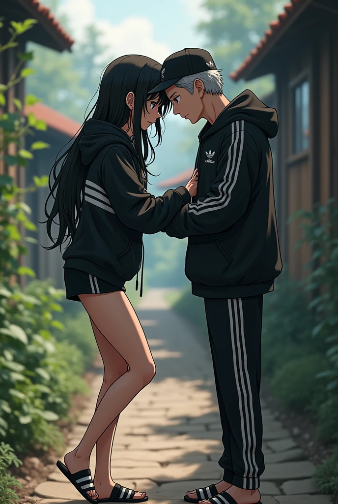 Sexy anime girl, long black hair, black eyes, wear black adidas striped slippers white and black, barefoot, wear black adidas cap, wear black adidas hood, wear black adidas short hot pants, background is countryside, with a pervert old man