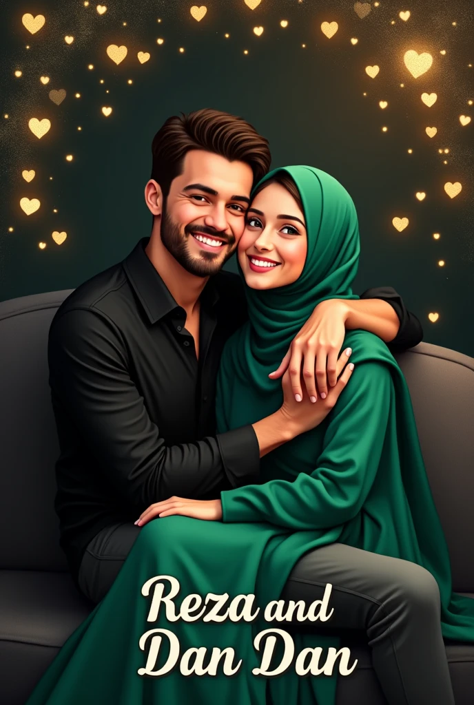 A smiling couple poses together against a dark backdrop, exuding warmth and happiness. The man, wearing a fitted black shirt, sits with one leg crossed and his arm around the woman, who wears a long, elegant green dress and a matching hijab. Heart-shaped glitter elements in various colors create a whimsical border around them, adding a romantic touch. The text Reza & Dan Dan is elegantly scripted at the bottom, suggesting a celebration of love or a special occasion.