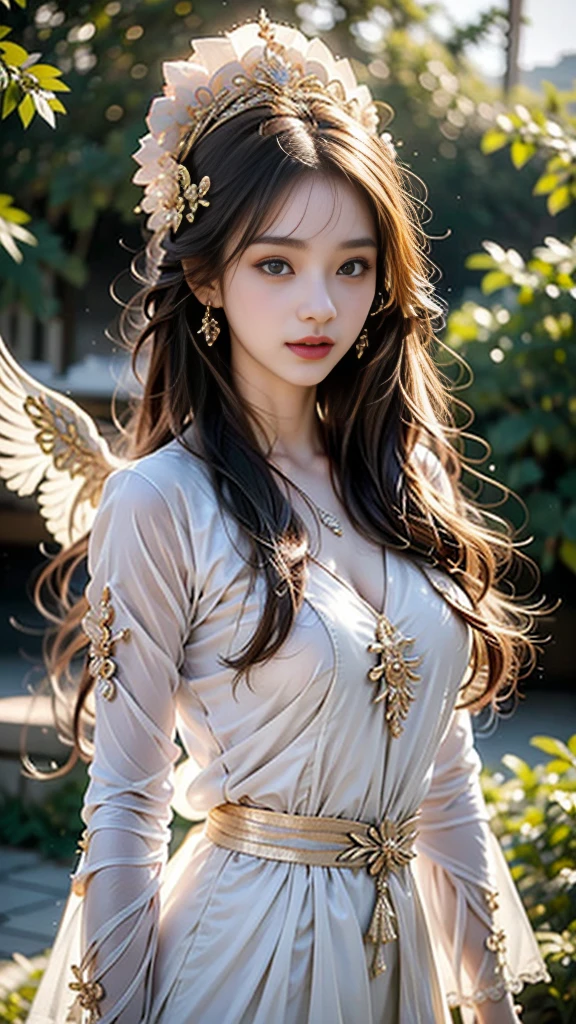 Create a hyper-realistic, ethereal fantasy portrait of a powerful female archer goddess with long flowing auburn hair, set against a softly lit, golden-hued background. She is dressed in intricately designed white and gold armor that reflects light, emphasizing the delicate patterns of leaves and feathers adorning her attire. Her head is crowned with an elaborate golden headdress featuring wings or feathers that extend gracefully upwards, adding a sense of regal elegance. The woman is captured in mid-action, drawing back a bow, with her intense, focused gaze locked onto a distant target. Her eyes are sharp and defined, with perfectly arched eyebrows and subtle makeup that enhances her natural beauty. The lighting should highlight the shimmering details of her golden armor and her glowing skin, creating a divine, almost otherworldly atmosphere. Surround the scene with small, floating particles of light to add to the magical ambiance, as if she is in the midst of an enchanted forest or sacred space.