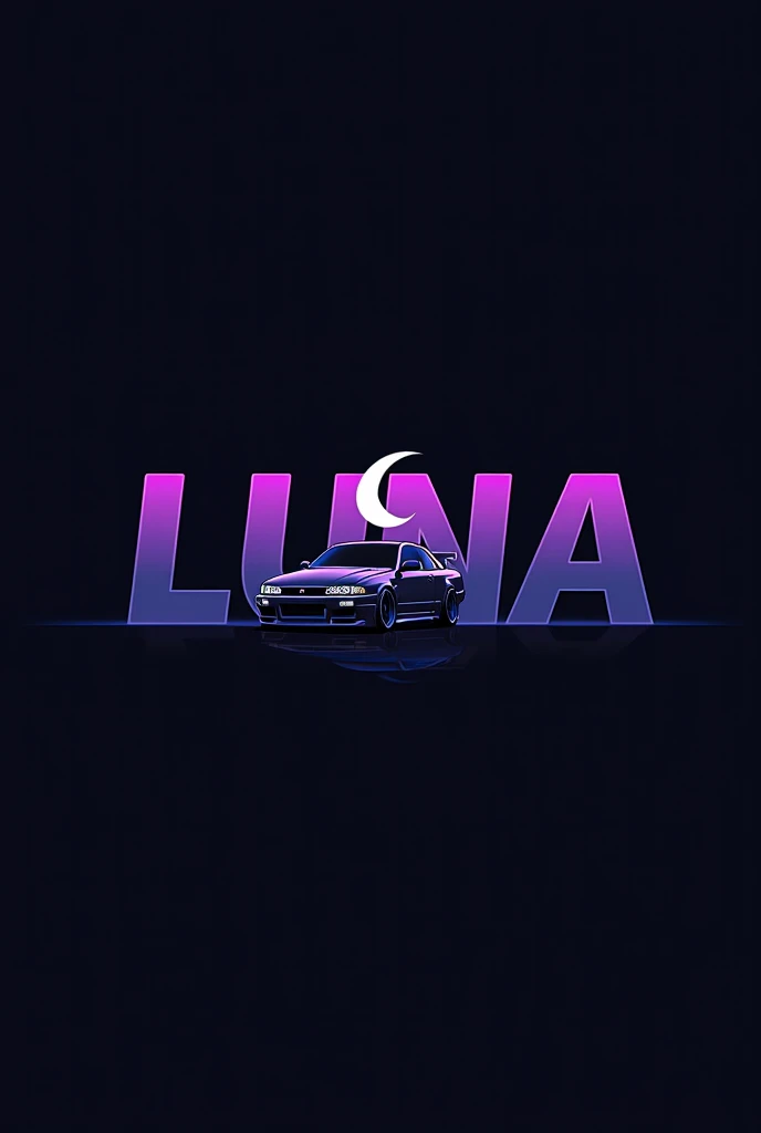 High resolution, Logo for Jdm cars, logo spelling “Luna” cool, Jdm theme, anime theme, Midnight Purple Nissan Skyline R34, modern name spelling, moon, simplicity design, anime,