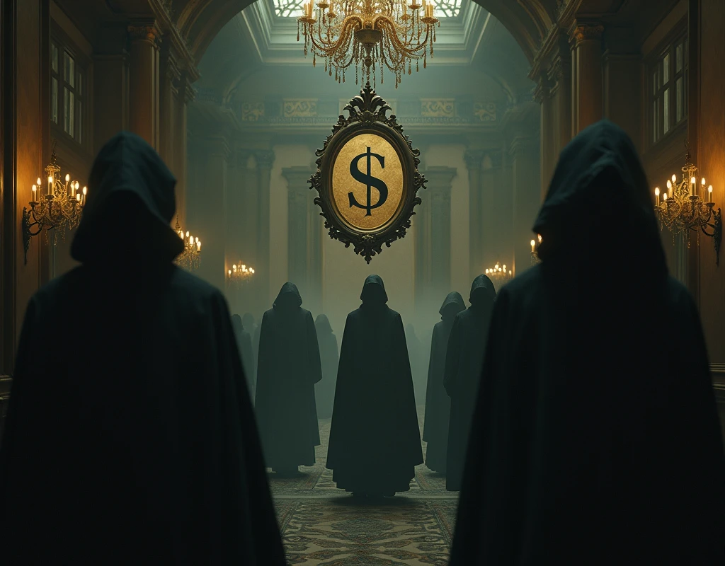  Mysterious and dark visuals of old portraits, mansions, financial symbols like the dollar sign, and shadowy figures, dollar sign