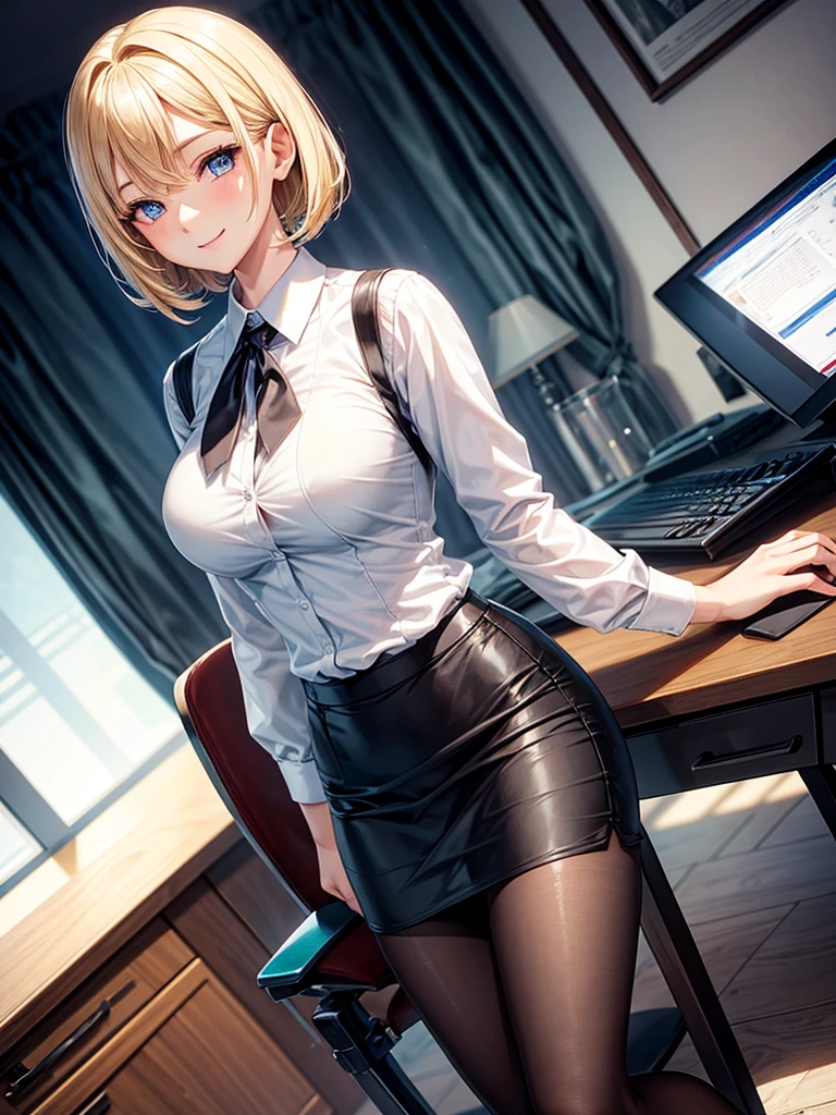 Anime style, super fine illustration, highly detailed, beautiful detailed, super high quality image, static representation, gentle expression, happy expression, the pretty image, the handsam portrait, a perfect style woman, 8k, pretty 1girl with blonde straight short hair & blue eyes & a bright smile & full bust & soft fair skin is a female secretary not to show her skin wearing the business shirt & vest & black tight skirt & black pantyhose in the big urban office, desk, PC, chair, happy stories, solo, perfect fingers, perfect arms, perfect legs, masterpiece.