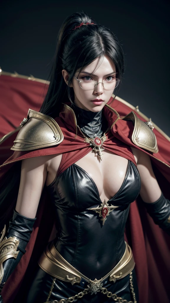 Bayonetta from Bayonetta 3 in Nordic armor with red cape with black-bladed swords in hands