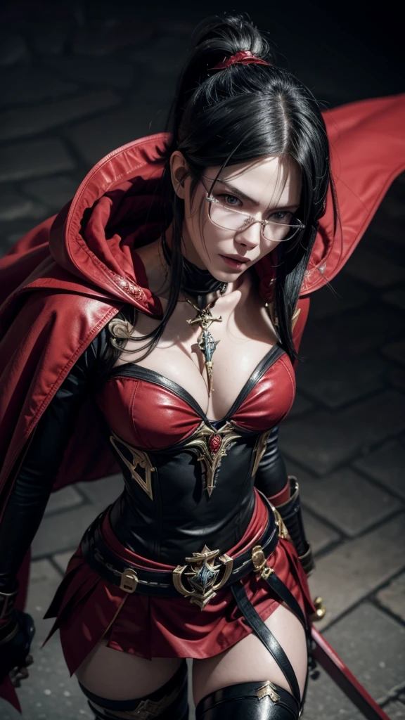 Bayonetta from Bayonetta 3 in Nordic armor with red cape with black-bladed swords in hands