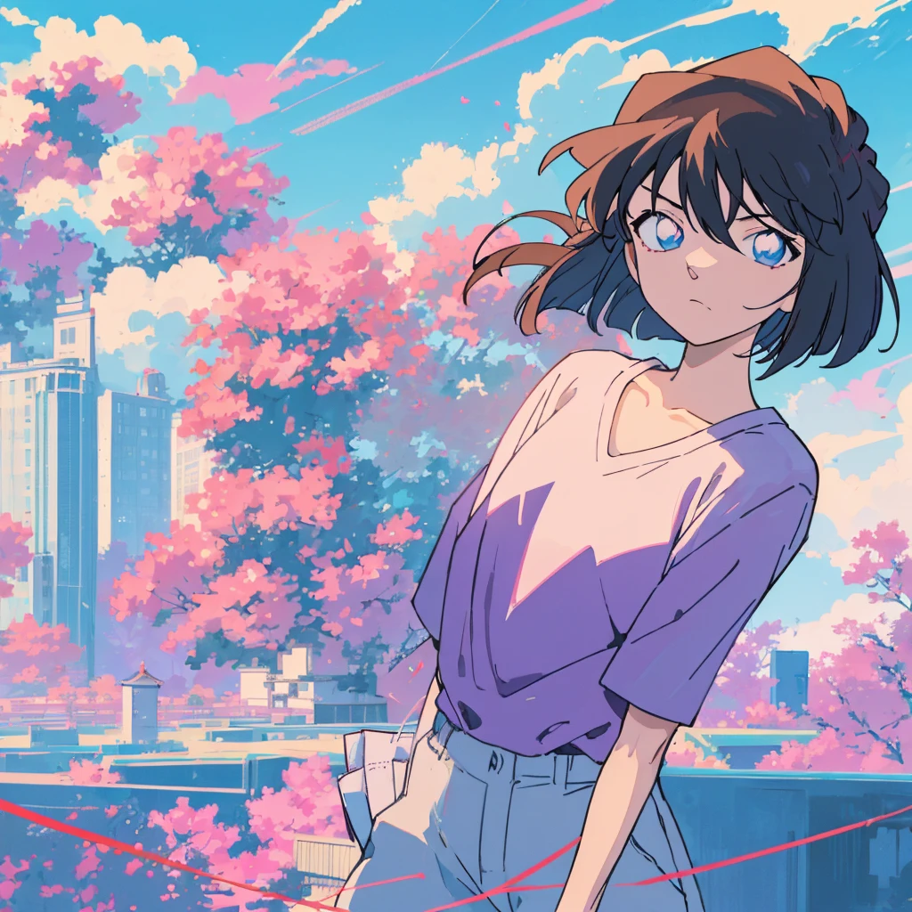 masterpiece, best quality, beautiful face, (street, upper body:1.4), anime style, (1girl in, Solo:1.0), (Haibara Ai), ((Short pants)), (((Big eyes))), (Cute anime girl head), (flat chest),looking at viewer, With a height of 100cm, shoot from front, (head shot), Simple line minimalism, Abstract Art, (Background blue sky), sad expression, Purple clothes, [[kawaii]], summer