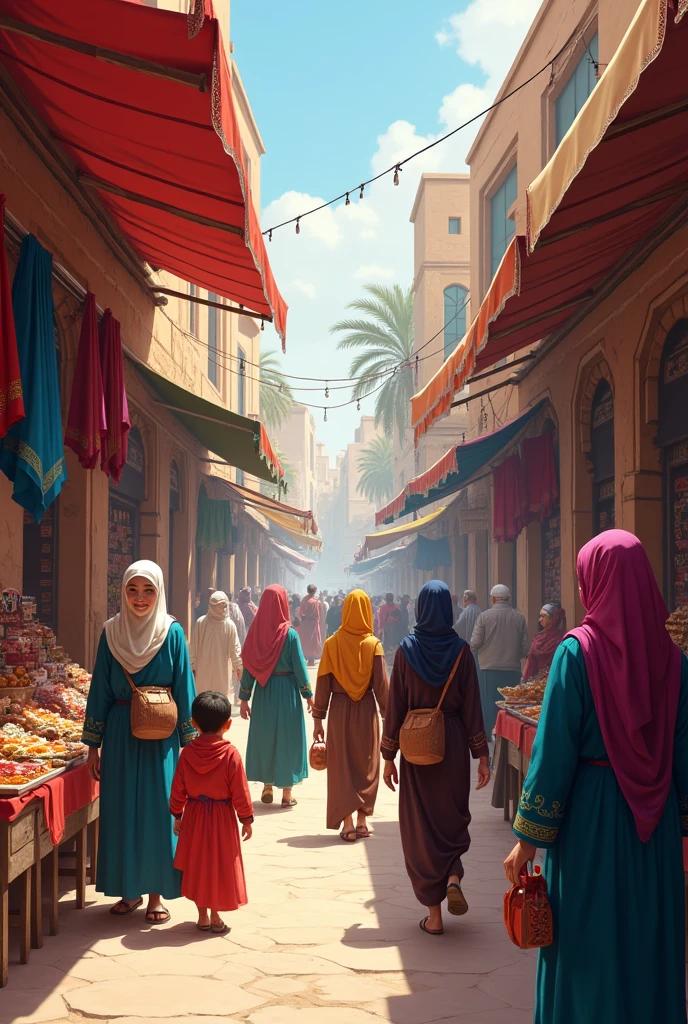 Many Muslim people are shopping in a market, it will be morning, some of them will be children, some will be young, some will be old, some will be women.