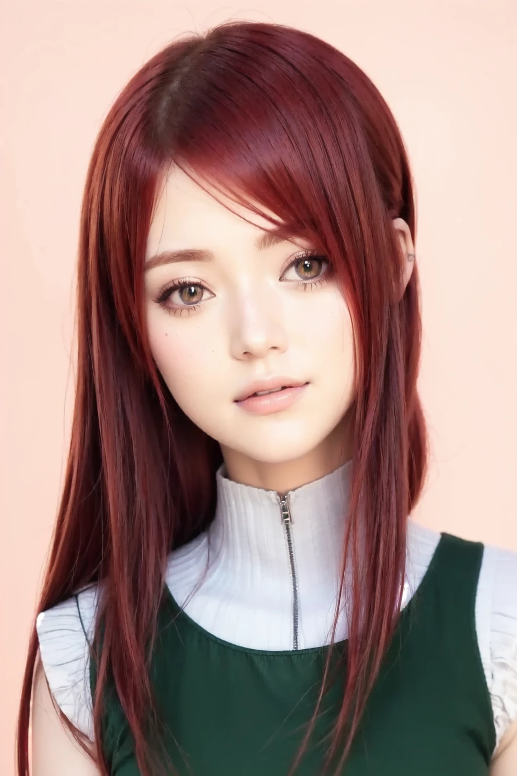 a close up of a person with red hair and a green dress, Kushina Uzumaki, realistic portrait, photorealistic portrait, detailed expression, detailed clothes, 