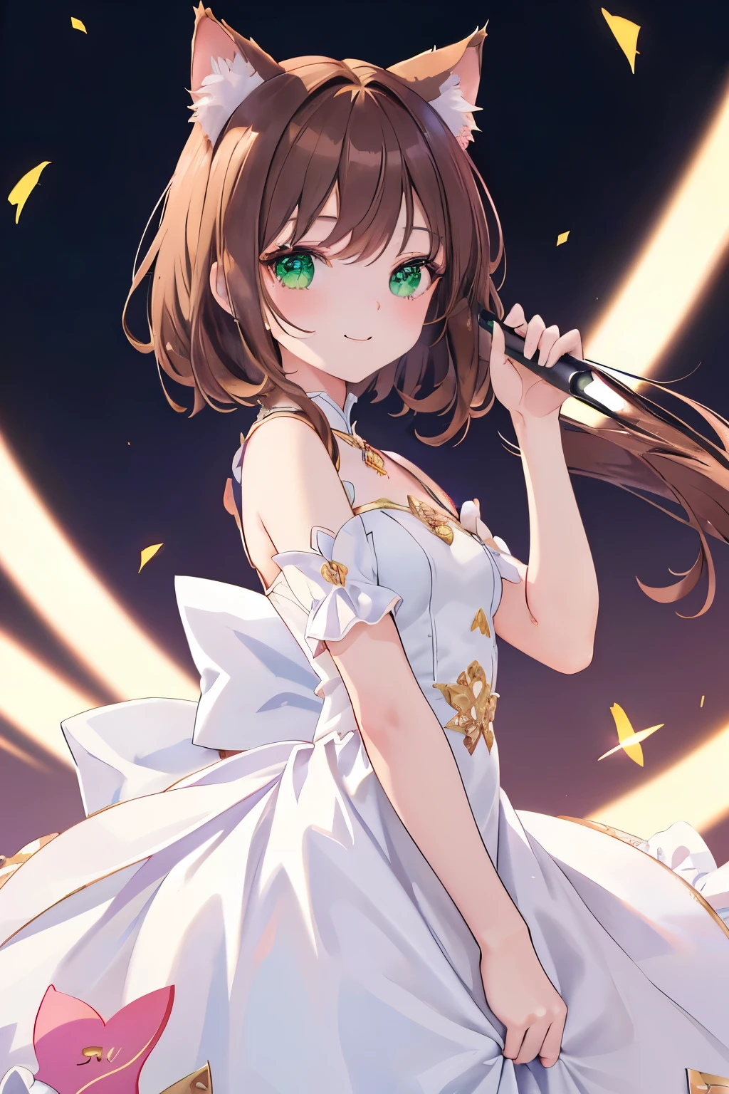 ((masterpiece, Highest quality, High resolution, 超High resolution, Pixel perfect, Written boundary depth, 4K, RTTX 10.0, High resolution))), 1 person, single, alone, Beautiful Anime, Beautiful art style, Anime characters, ((Shortcuts, bangs, Dark brown hair)), ((Green Eyes:1.4, Round eyes, Beautiful eyelashes, current eyes)), ((Smooth texture:0.75, Anime CG style)), ((Dynamic Angle, close)), Perfect body, (cute), Normal chest, whole body, ((4K, 8k, Highest quality, Perfect Fingers: 1.3, Perfect Anatomy: 1.3, Background Blur)), whole bodyアングル, Illustration of a princess with cat ears, The character is a princess wearing a gorgeous dress.、She has cute cat ears on her head, The dress has an elegant design with gold and pink embroidery.、It spreads softly with her movements, With a graceful smile on her face、Holding a small cat&#39;s tail in one hand, In the background, the interior and gardens of a gorgeous castle spread out.、Overall, the scene is a fusion of fantasy and cuteness.