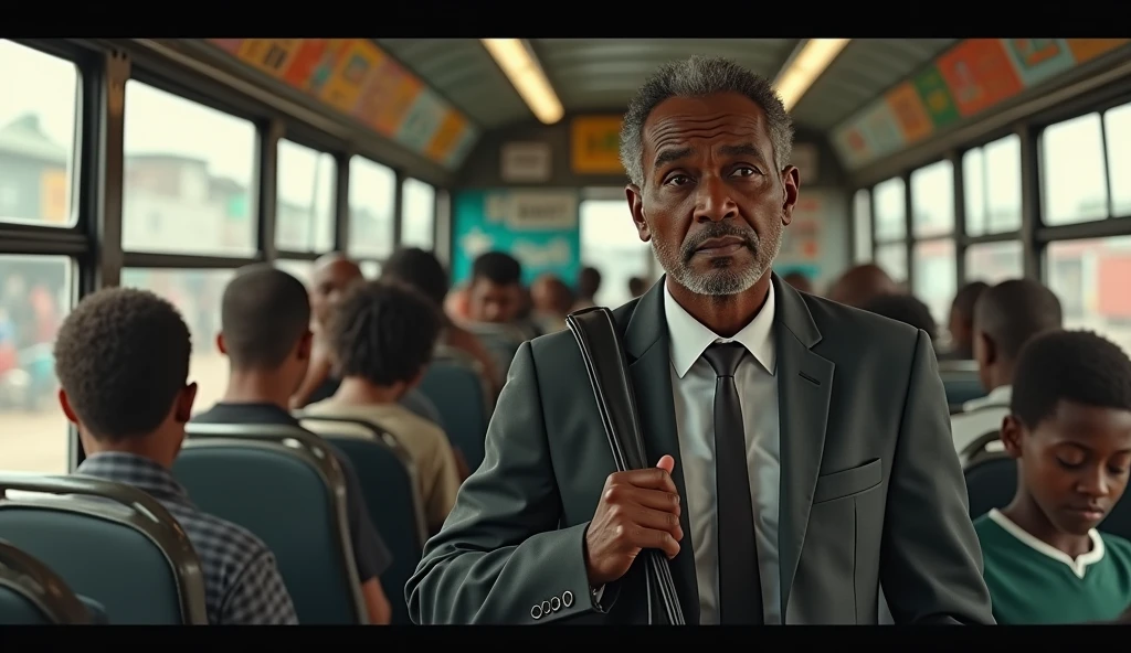 The African teacher boards a bus to his home and along the way a thief steals his wallet, the teacher is embarrassed .