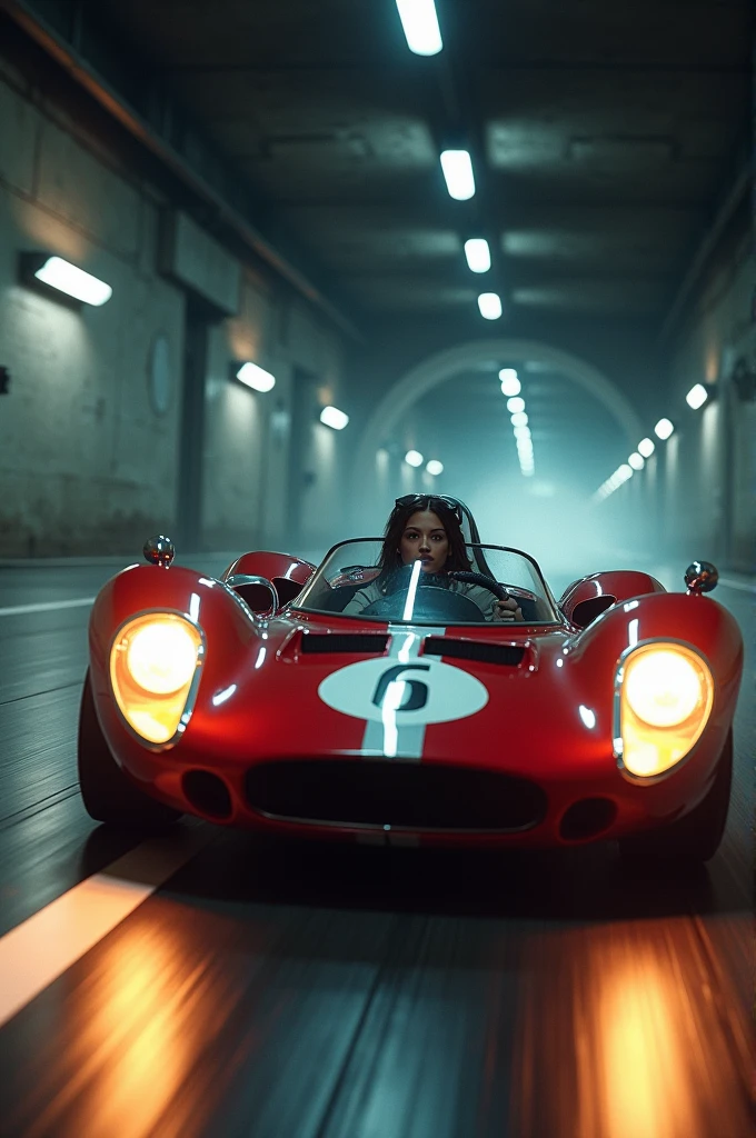 Make a pic one car under the tunnel full racing 1 girl side taking car driving right on the life is so special