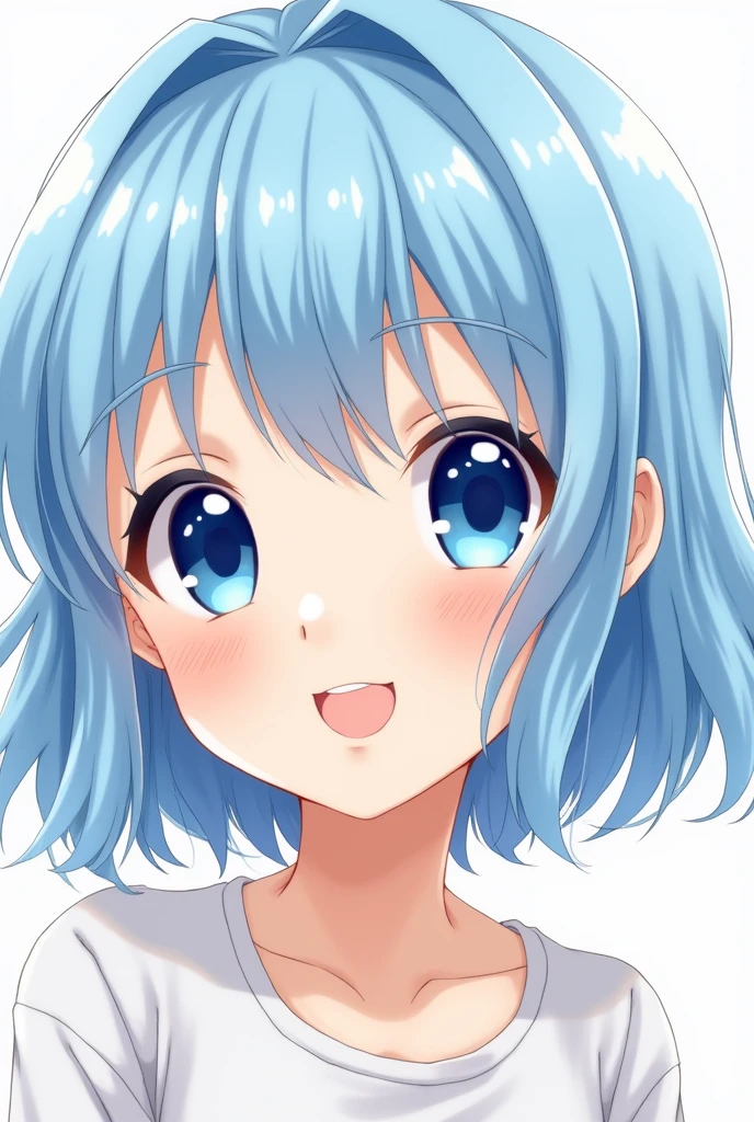 Blue eye anime girl looking straight to me cute girl with light blue hair and smiling face 